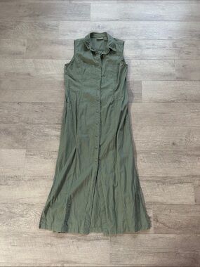 Linen Cotton Blend Light Olive Green Sleeveless Button Down Maxi Dress
